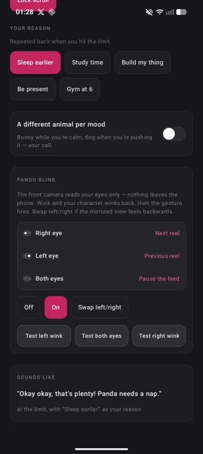 Settings: choose the animal, bubble size, message tone and what happens past the limit